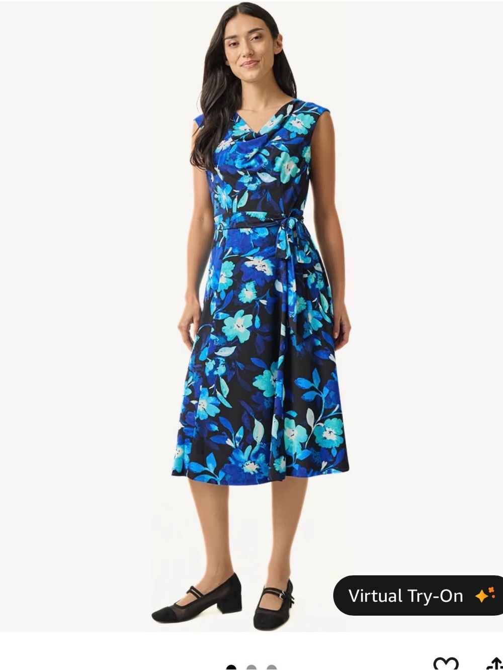 Kasper Women's Petite Floral Cowlneck Fit & Flare Dress Blue Size 14P MSRP $89